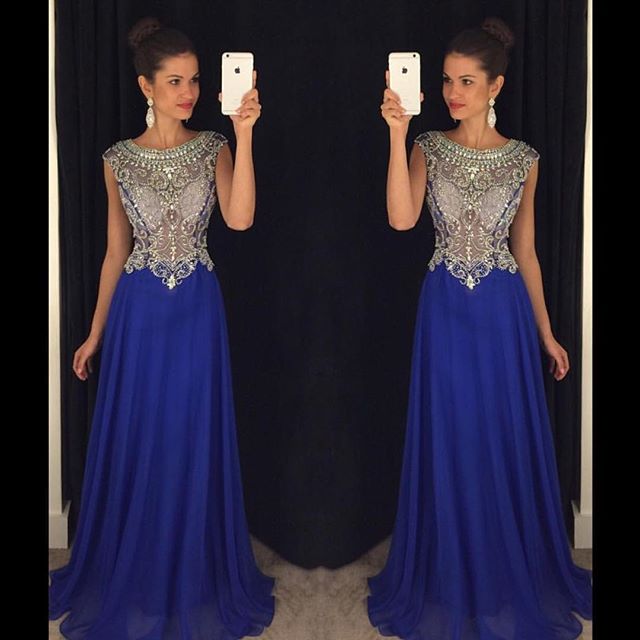 A-line Jewel Neck Sleeveless Floor-length 100D Chiffon Formal Wear With Crystal 4