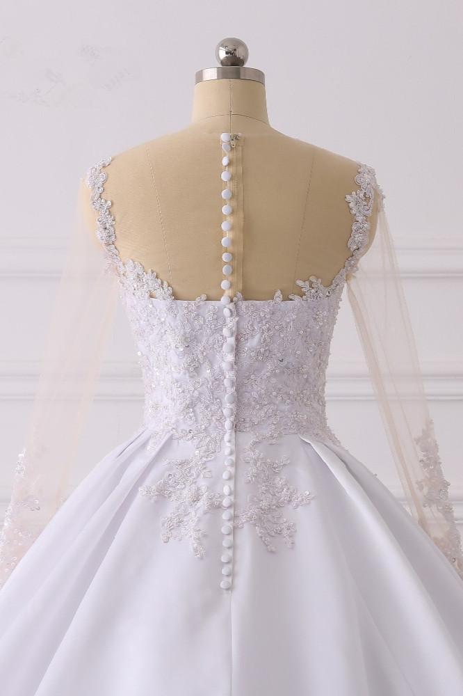 Ball Gown Jewel Neck Long Sleeves Floor-length Satin Wedding Dress With Lace 6