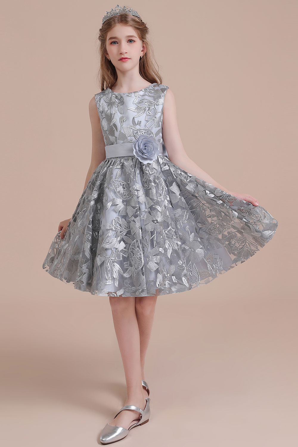 A-line Jewel Neck Sleeveless Knee-length Tulle Flower Girl Dress With Embroidery 5