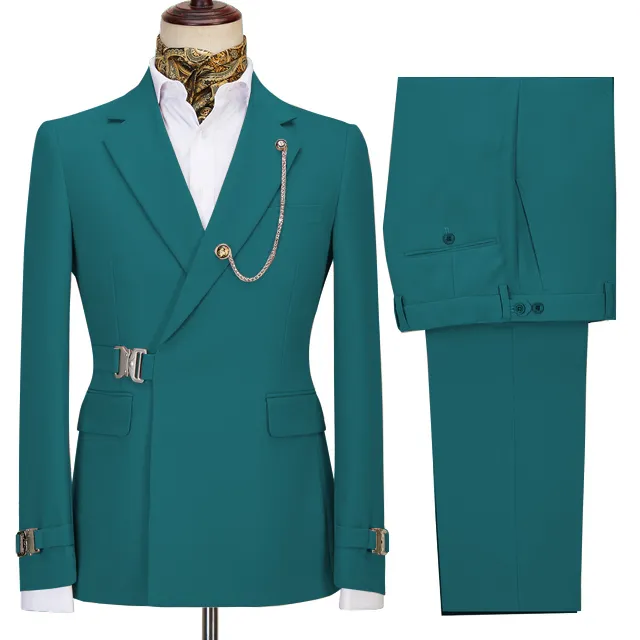 Blue Green Notched Lapel Men Suit 1