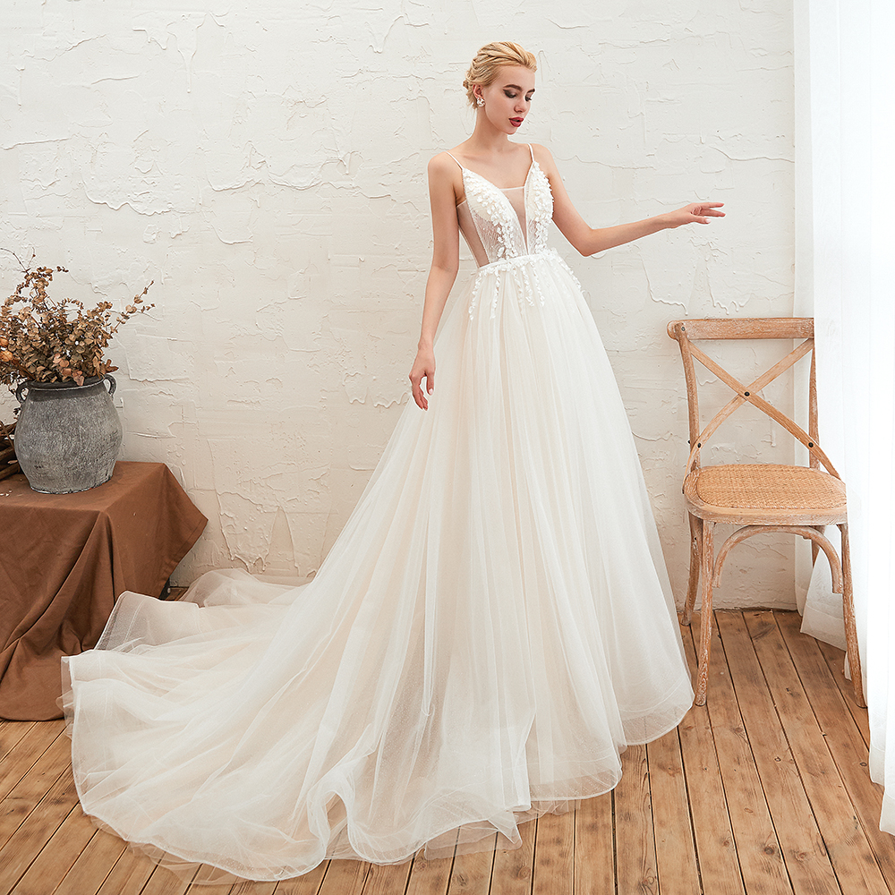 A-line Plunging Neckline Sleeveless Cathedral Train Tulle Wedding Gown With Flower(s) 12