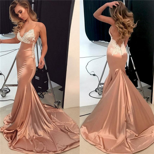 Mermaid Spaghetti Straps Sleeveless Sweep / Brush Train Formal Dress With Lace 2