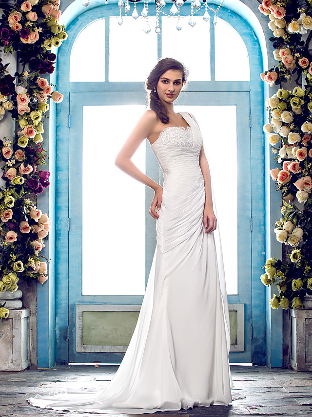Column Straps One Shoulder Sweep / Brush Train Tulle Bridal Gown With Lace 2