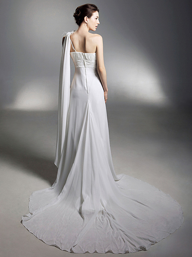 Column One Shoulder Sleeveless Chapel Train Tulle Bridal Gown With Appliques 7