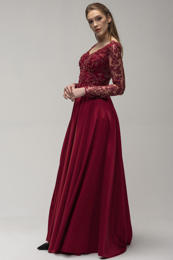 Column V-neck Long Sleeves Floor-length 100D Chiffon Evening Dress With Lace 3