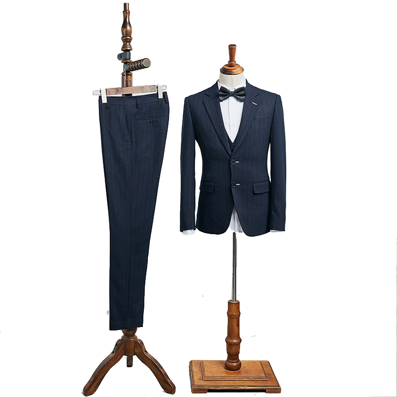 Navy Blue Striped 3 Pieces Notched Lapel Business Suit 2