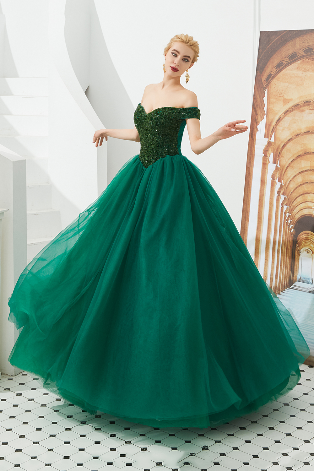 Off-the-shoulder Cap Sleeves Sweep / Brush Train Tulle Formal Dress With Beading 18