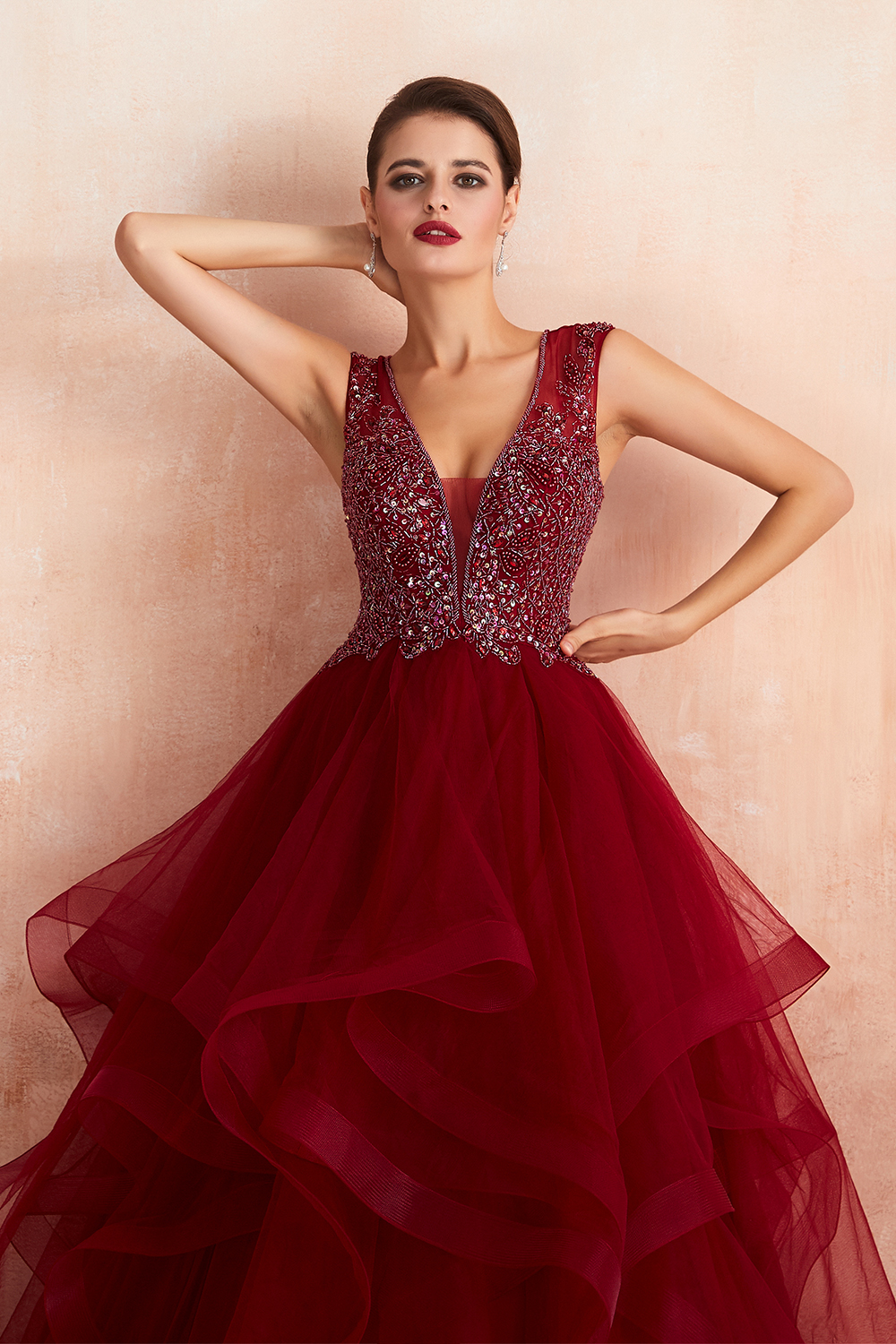 Ball Gown V-neck Sleeveless Sweep / Brush Train Tulle Evening Dress With Sequins 8