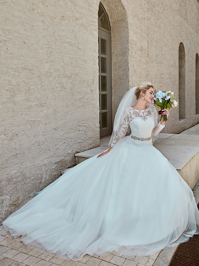 Ball Gown Bateau Neck Long Sleeves Chapel Train Tulle Bridal Gown With Lace 7