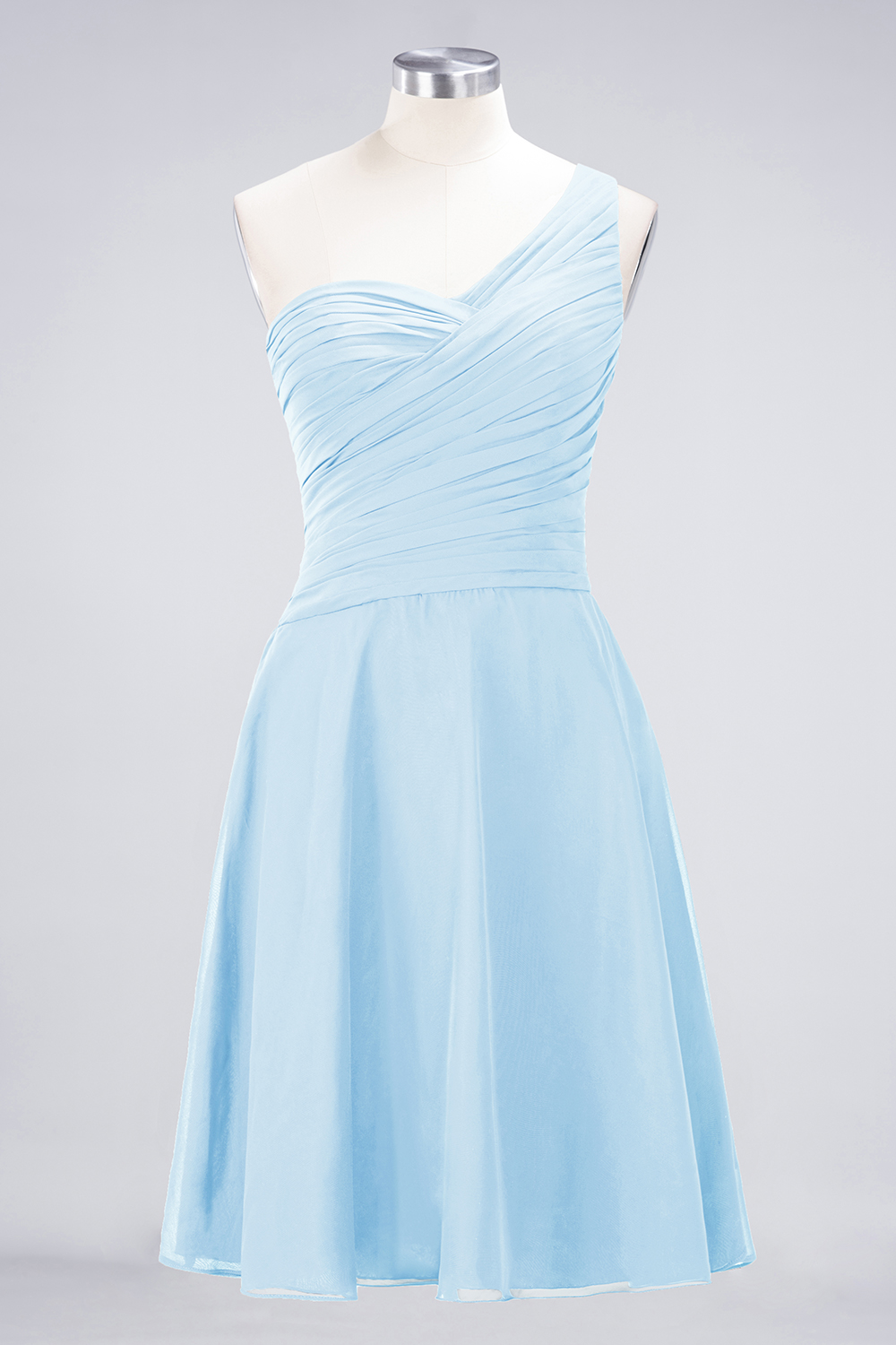 A-line One Shoulder Sweetheart Neck Sleeveless Knee-length 100D Chiffon Bridesmaid Attire With Ruffles 45