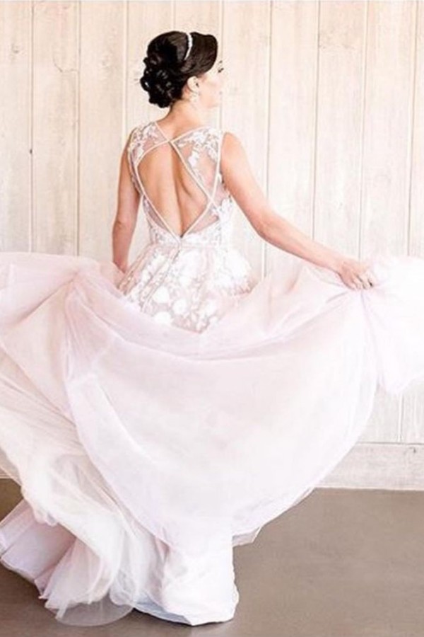 A-line V-neck Sleeveless Court Train Tulle Wedding Dress With Lace 2