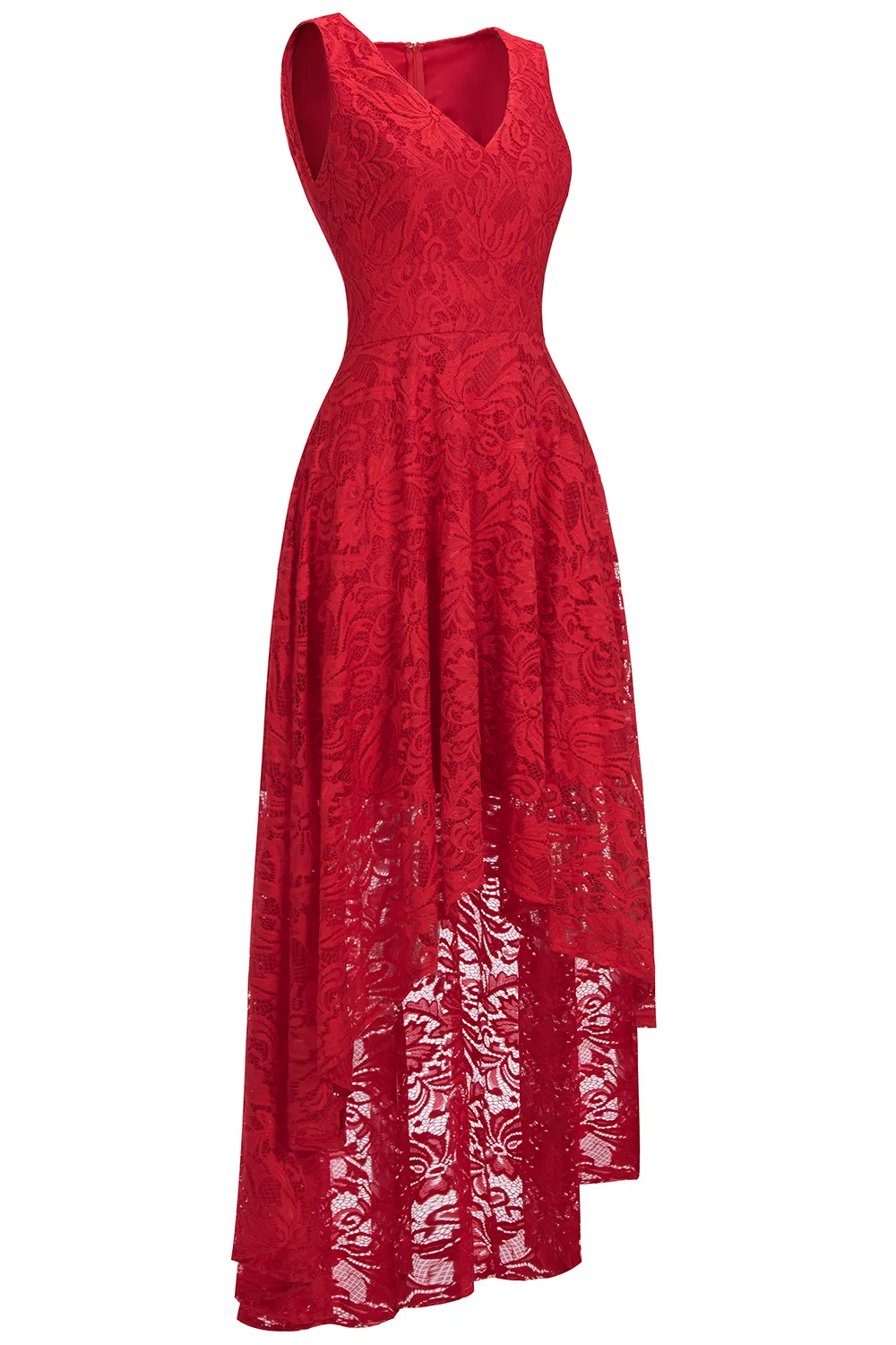 A-line V-neck Sleeveless Hi-Lo Lace Bridesmaid Dress With Ribbons 6