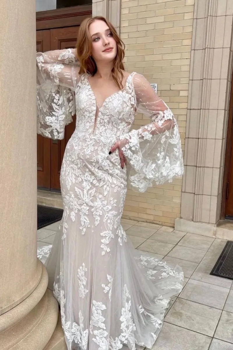 Mermaid V-neck Long Sleeves Sweep / Brush Train Lace Wedding Gown With Appliques 1