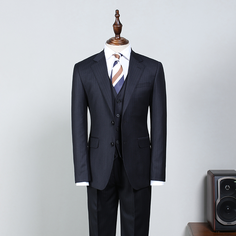 Navy Blue Striped Slim Fit Business Suit 2