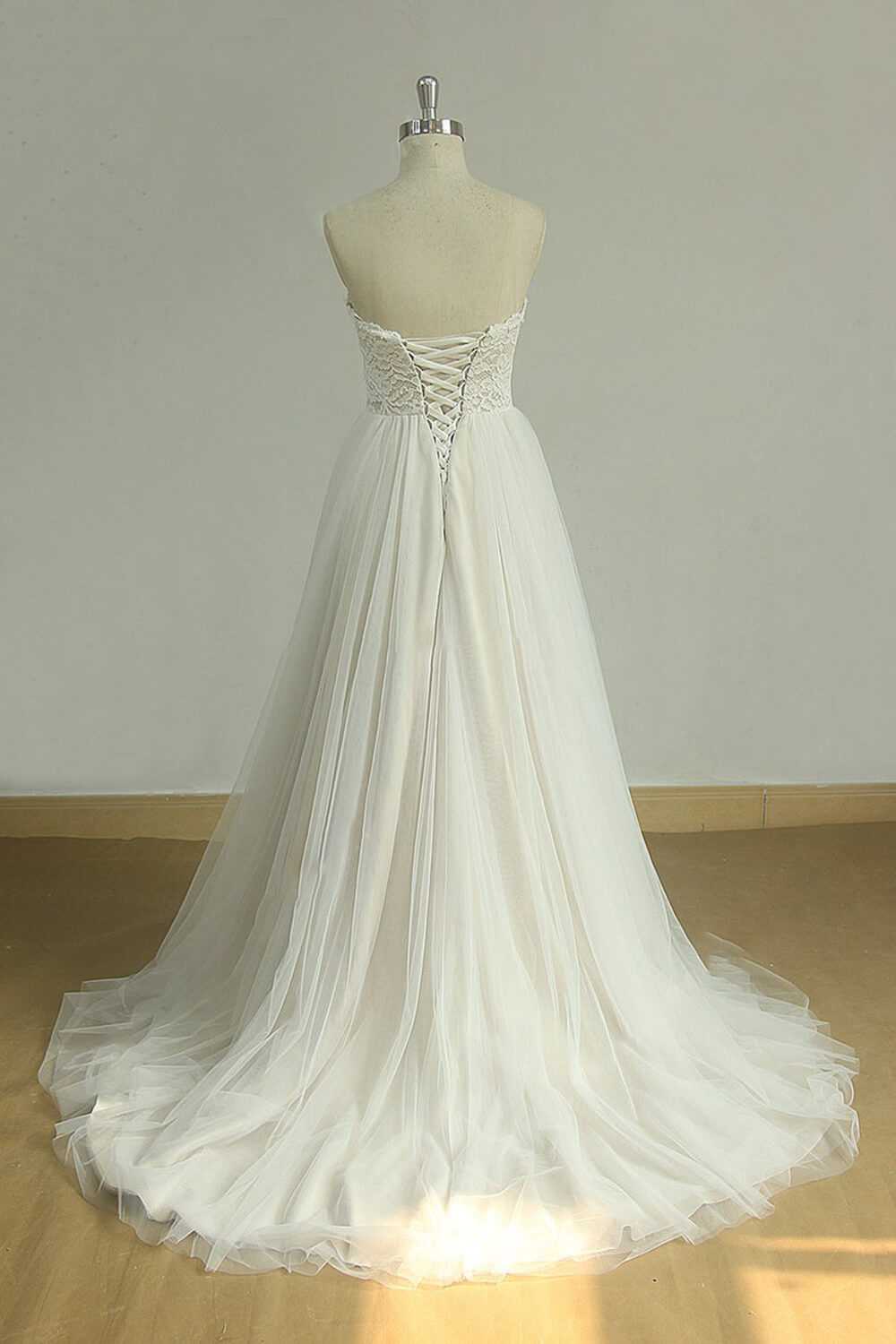 A-line Strapless V-neck Long Sleeves Floor-length Tulle Bridal Dress With Lace 2