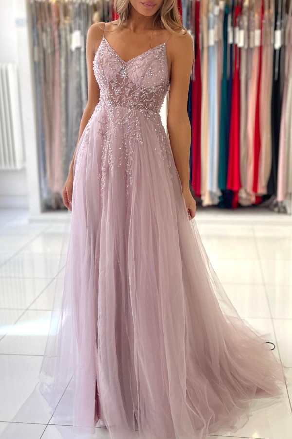 Column Spaghetti Straps Sleeveless Floor-length Tulle Evening Gown With Beading 4