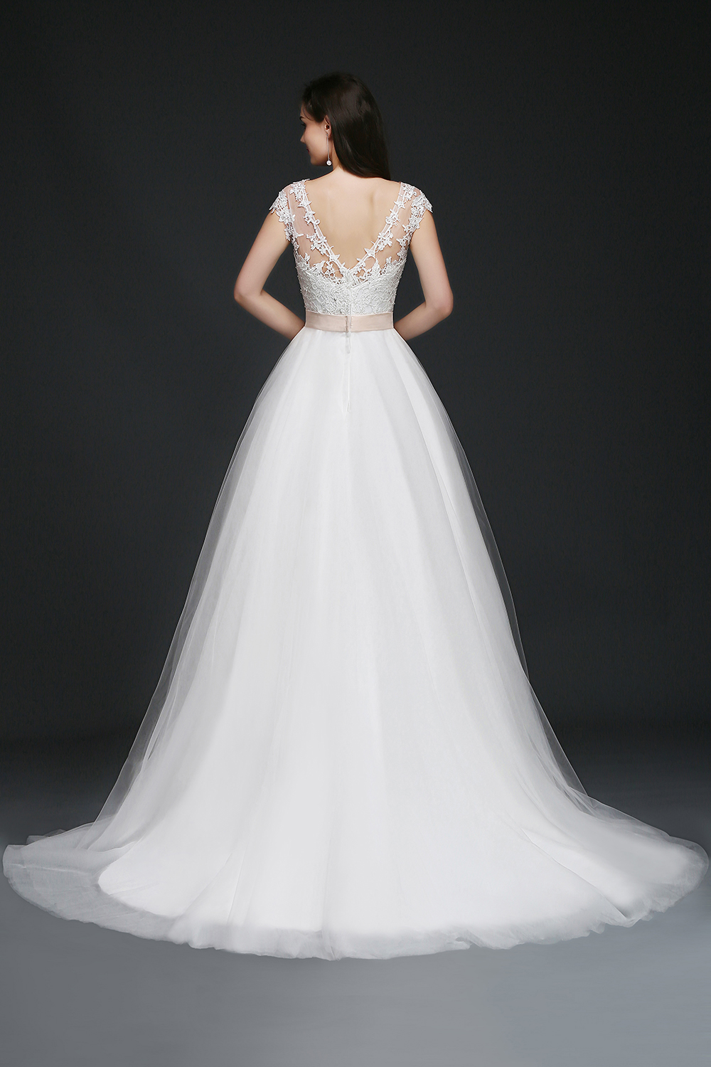 A-line Scoop Neck Sleeveless Chapel Train Tulle Bridal Gown With Ribbons 2