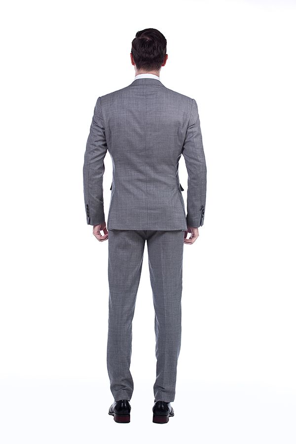 Grey Slim Fit Wool Blend Men's Suit with Notch Lapel and Two Flap Pockets 3