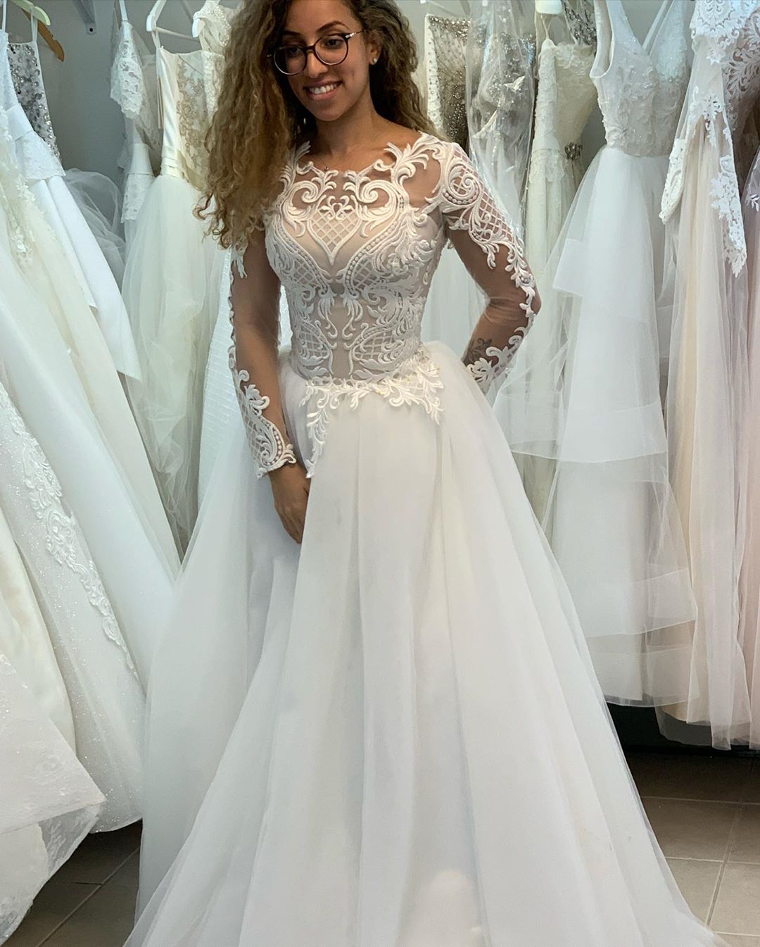 A-line Bateau Neck Long Sleeves Sweep / Brush Train Lace Bridal Gown With Lace 3