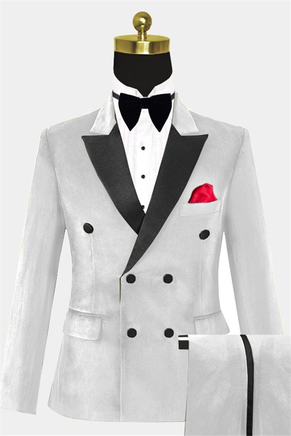 White Double Breasted Velvet Prom Suit with Peaked Lapel 1