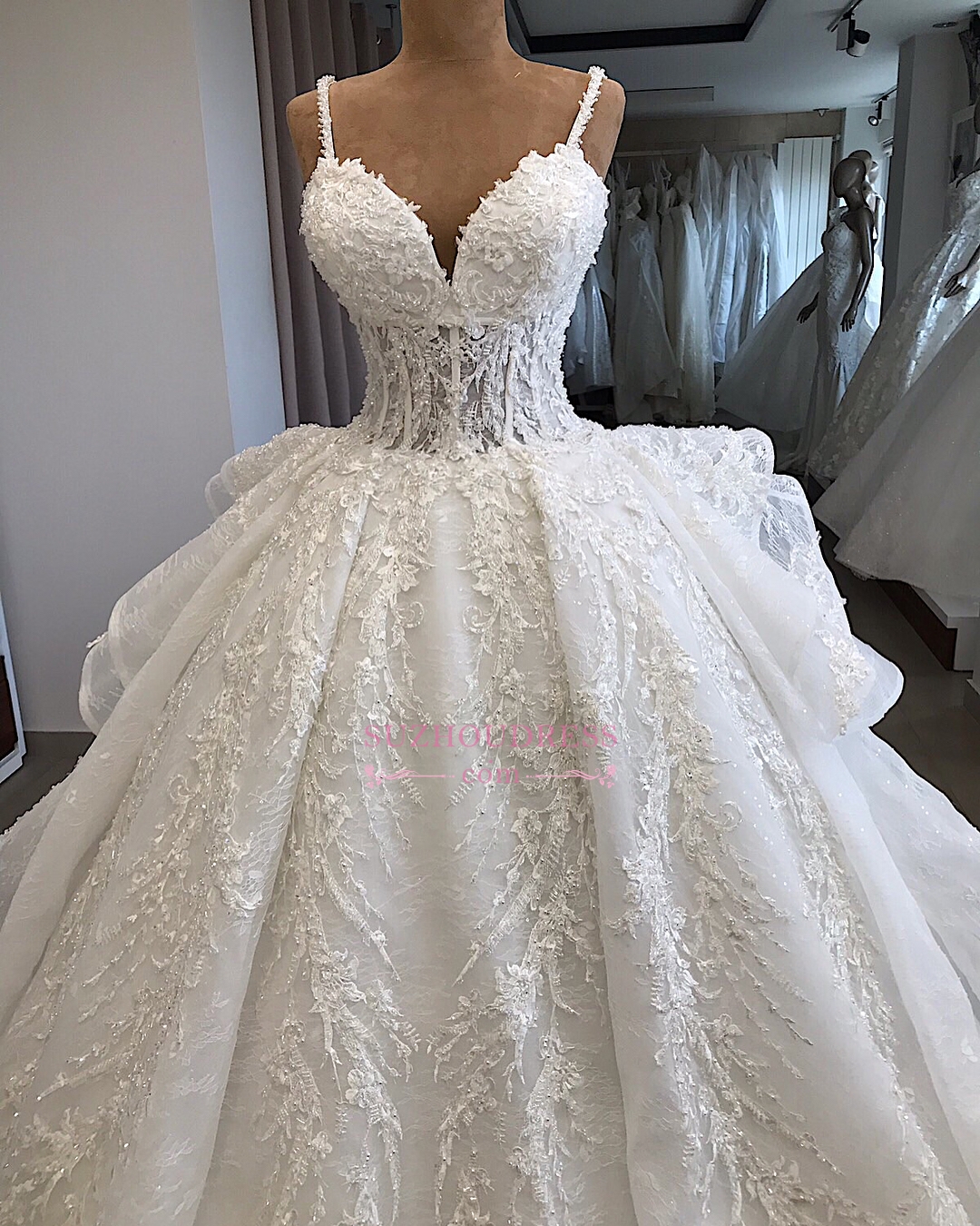 Ball Gown Spaghetti Straps Sleeveless Sweep / Brush Train Bridal Attire With Appliques 3