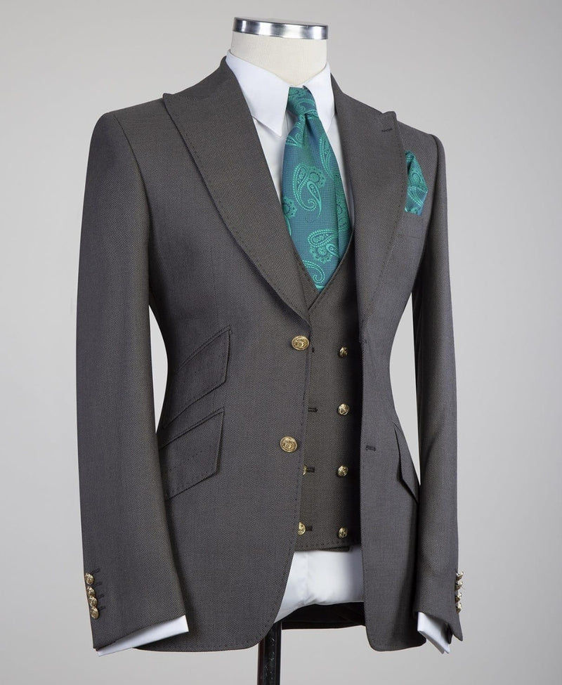 Dark Gray Peaked Lapel Three Pieces Business Men Suit 3