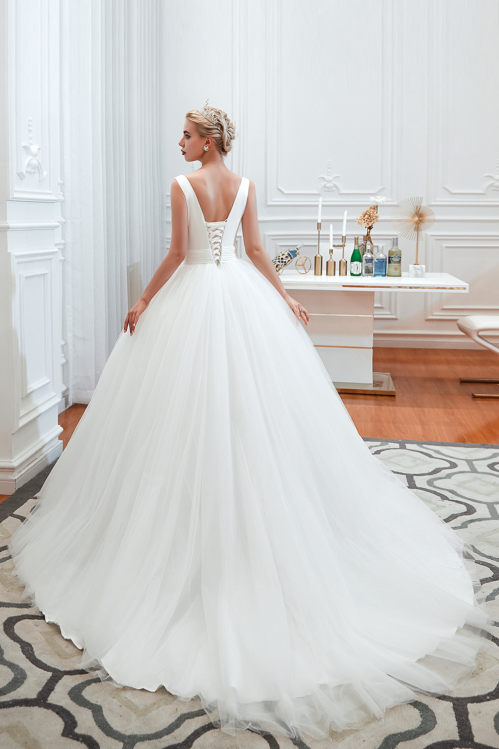 V-neck Sleeveless Cathedral Train Satin Bridal Gown With Ruffles 6