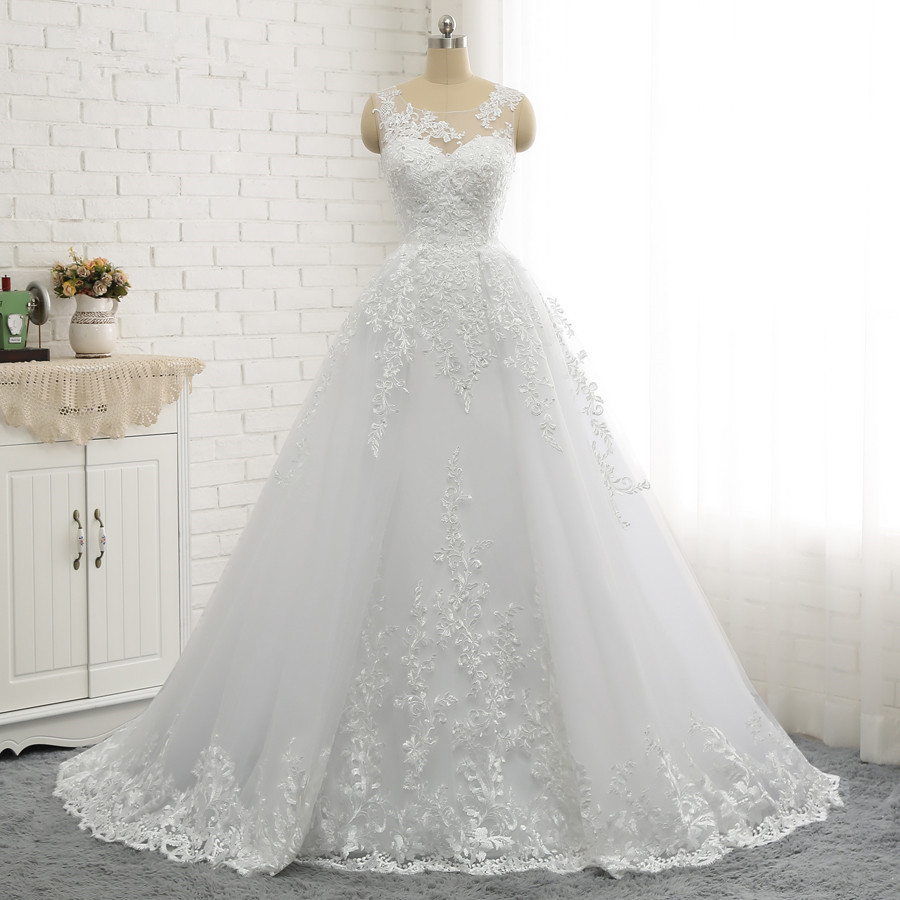 A-line Jewel Neck Sleeveless Floor-length Tulle Bridal Dress With Lace 6