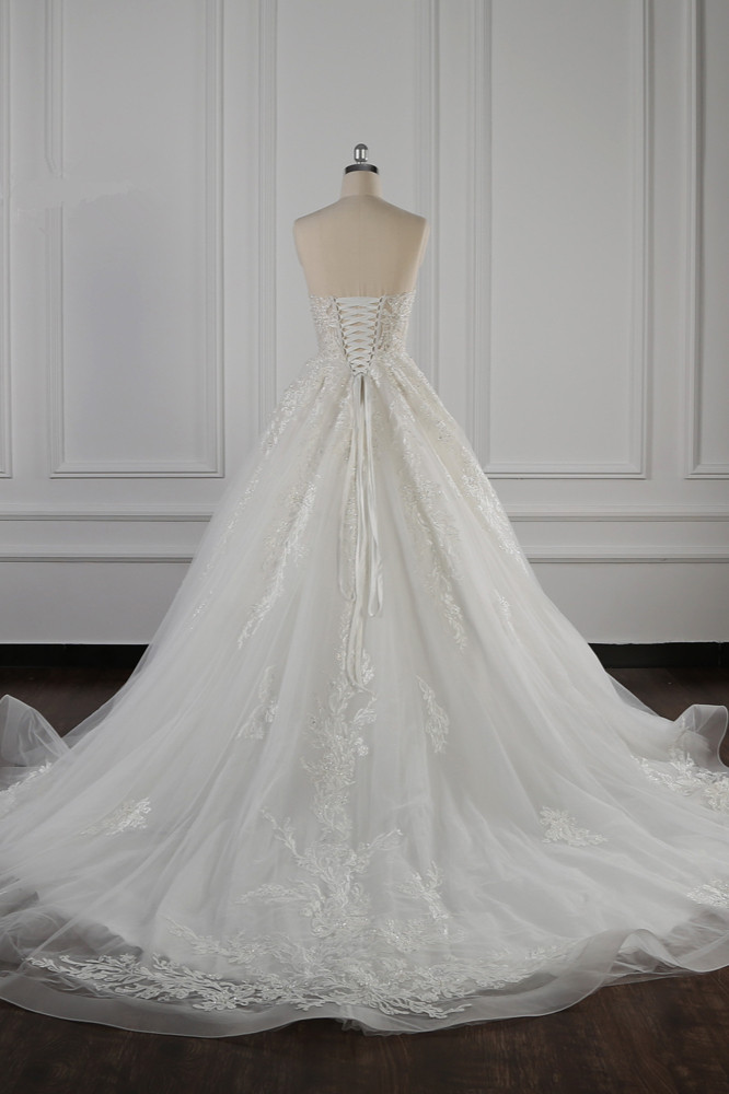 A-line Strapless Sleeveless Floor-length Tulle Bridal Dress With Beading 2