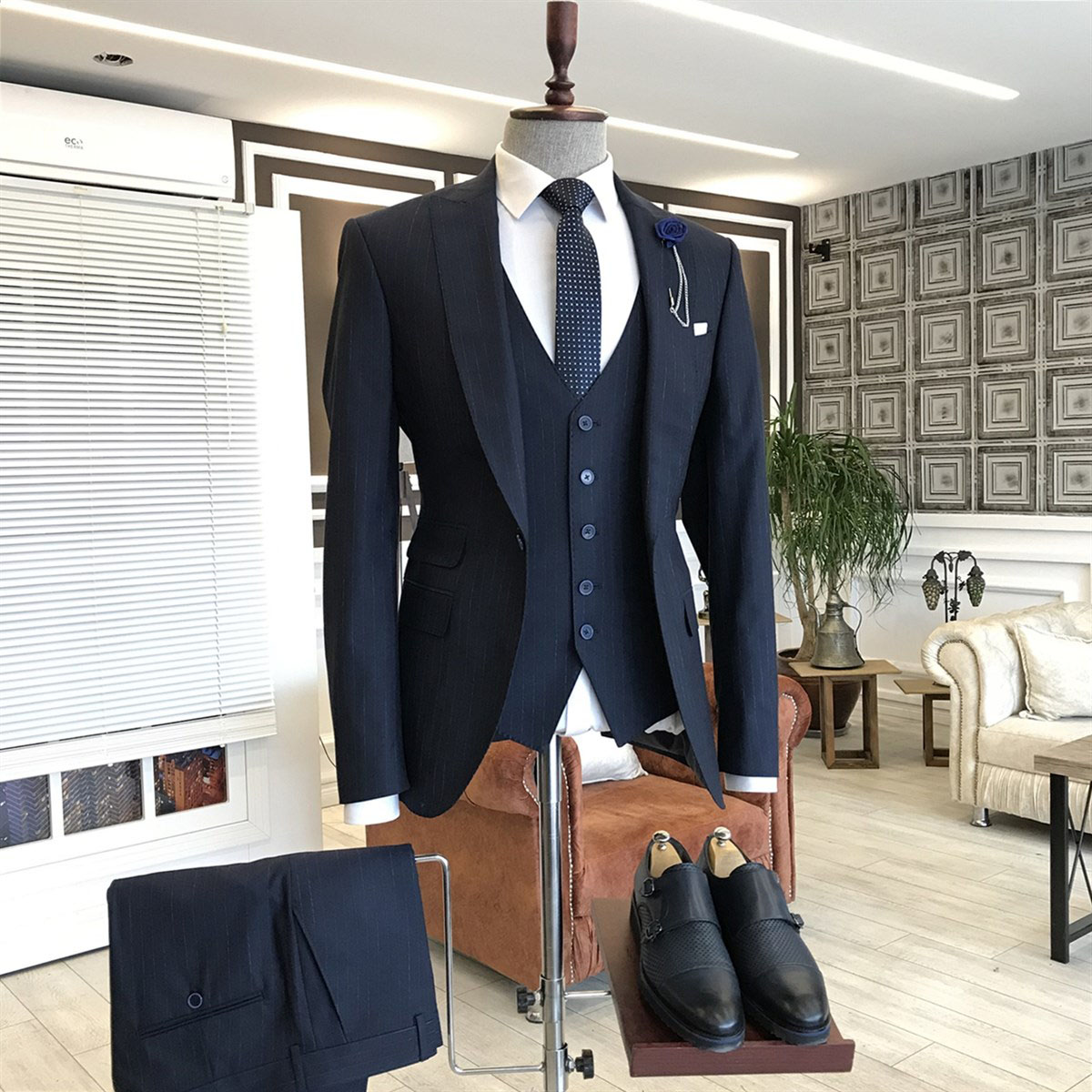 Blue Striped Peaked Lapel Business Suit 2