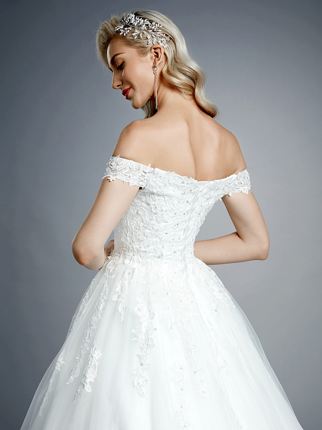 Ball Gown Short Sleeves Court Train Tulle Bridal Gown With Lace 9