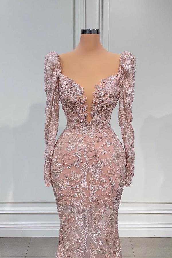 Mermaid V-neck Long Sleeves Floor-length Lace Formal Dress With Ruffles 2