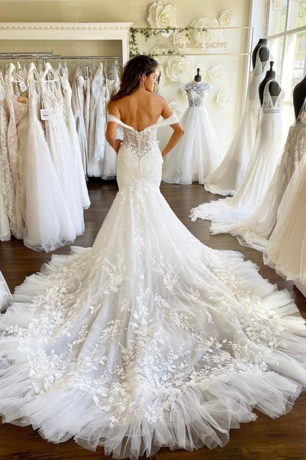 Mermaid Off-the-shoulder Sleeveless Chapel Train Lace Bridal Gown With Appliques 2