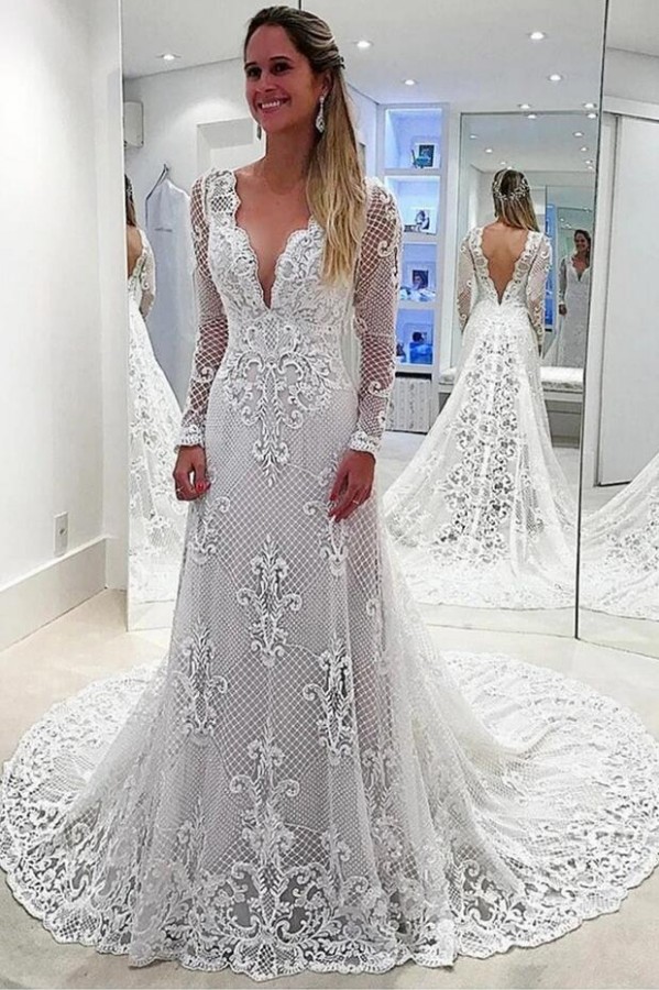 A-line Plunging Neckline Long Sleeves Court Train Lace Bridal Gown With Pearls 1