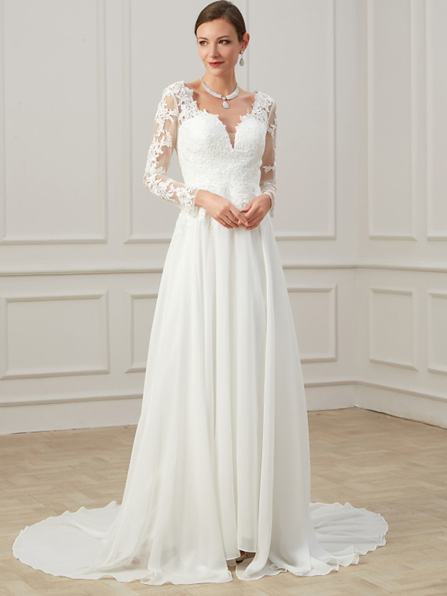 Column V-neck Long Sleeves Sweep / Brush Train Lace Bridal Gown With Lace 3