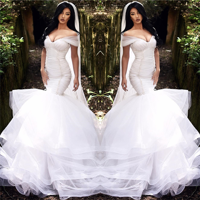 Mermaid Off-the-shoulder Sleeveless Sweep / Brush Train Tulle Bridal Gown With Beading 2