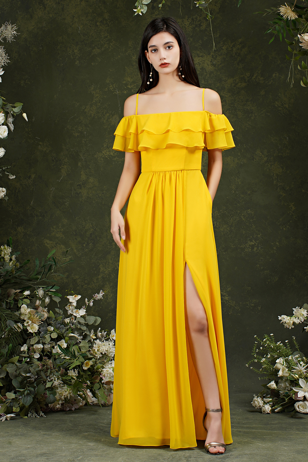 A-line Spaghetti Straps Cap Sleeves Floor-length 100D Chiffon Bridesmaid Dress With Split Front 2