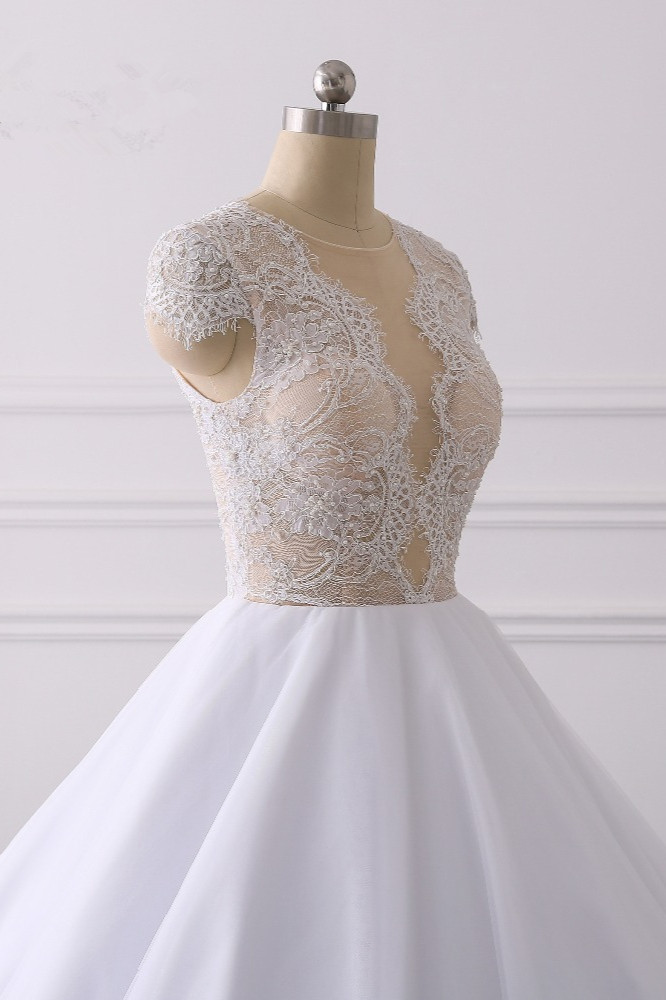 Ball Gown Jewel Neck Short Sleeves Floor-length Tulle Bridal Gown With Appliques 5