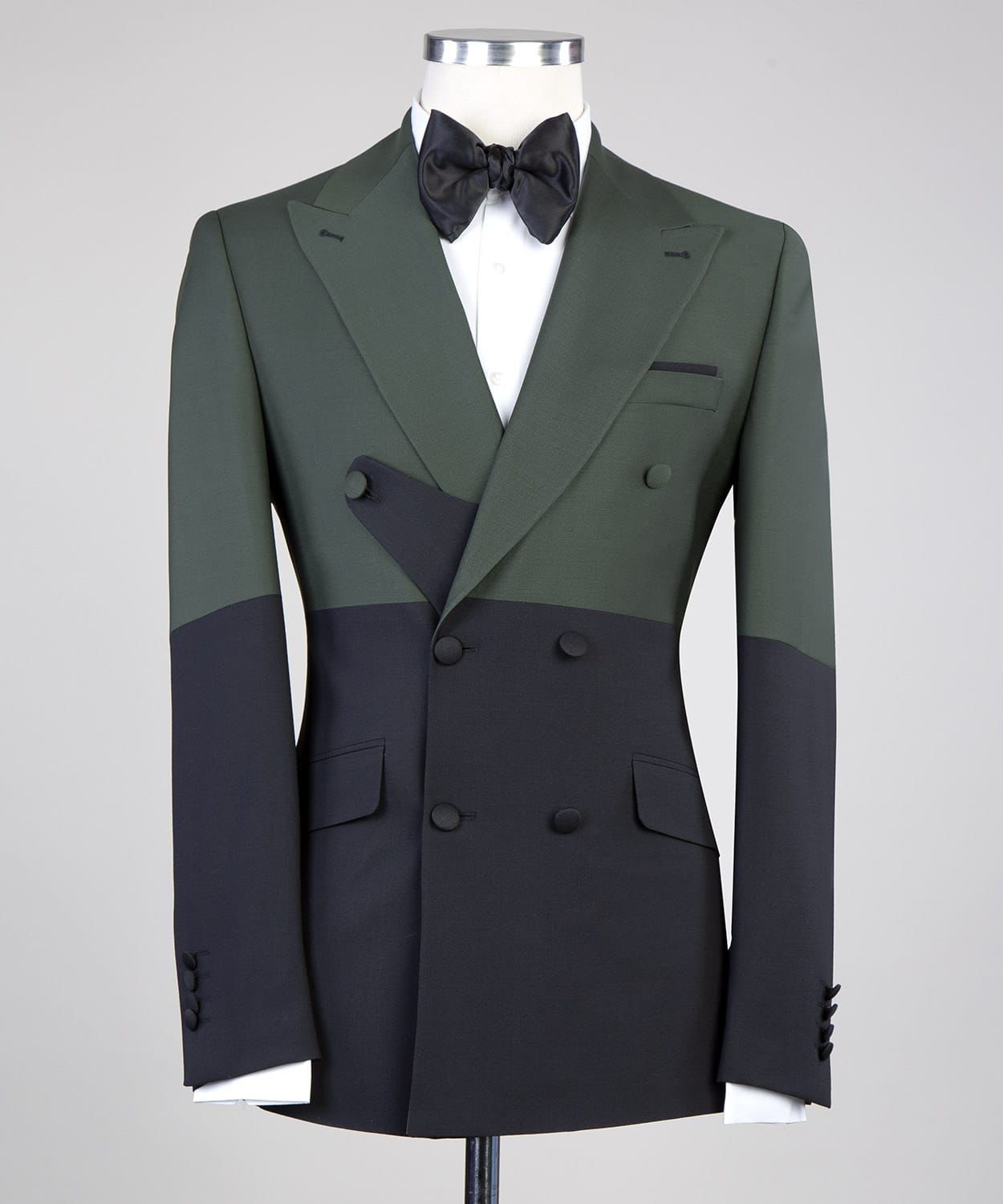 Dark Green and Black Double Breasted Close Fitting Men Suit 3