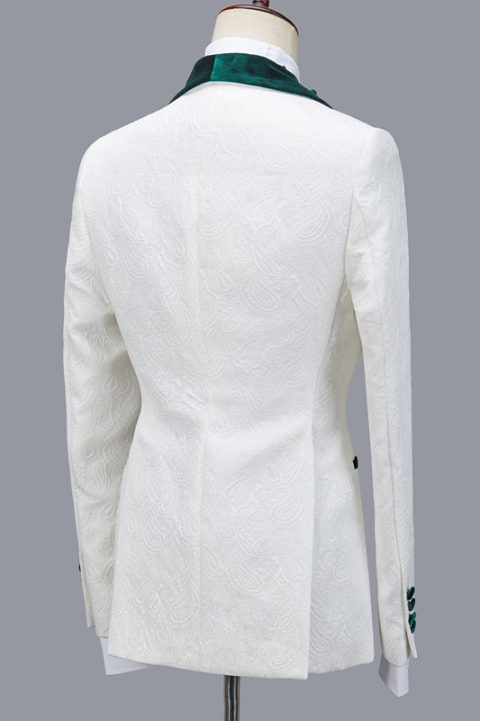 White Jacquard Three Pieces Men's Suit with Green Lapel for Wedding 2
