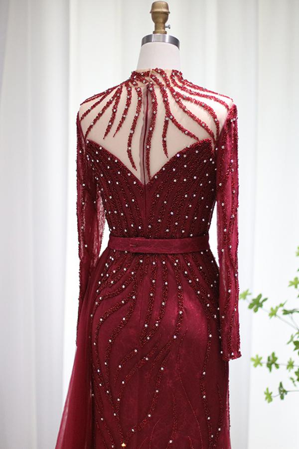 A-line High Neck Long Sleeves Floor-length Tulle Formal Dress With Crystal 4