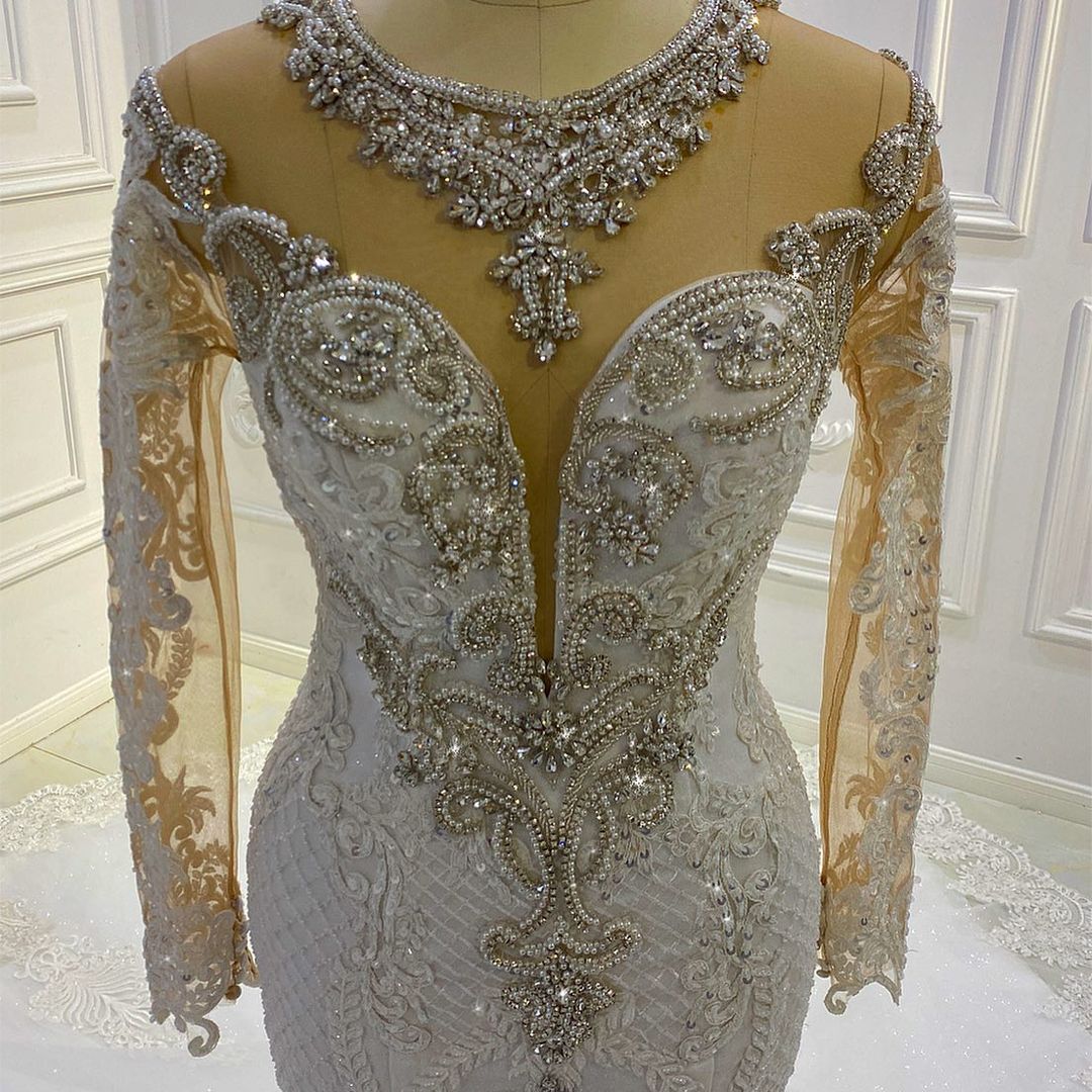 Mermaid Jewel Neck Long Sleeves Chapel Train Tulle Bridal Attire With Lace 3