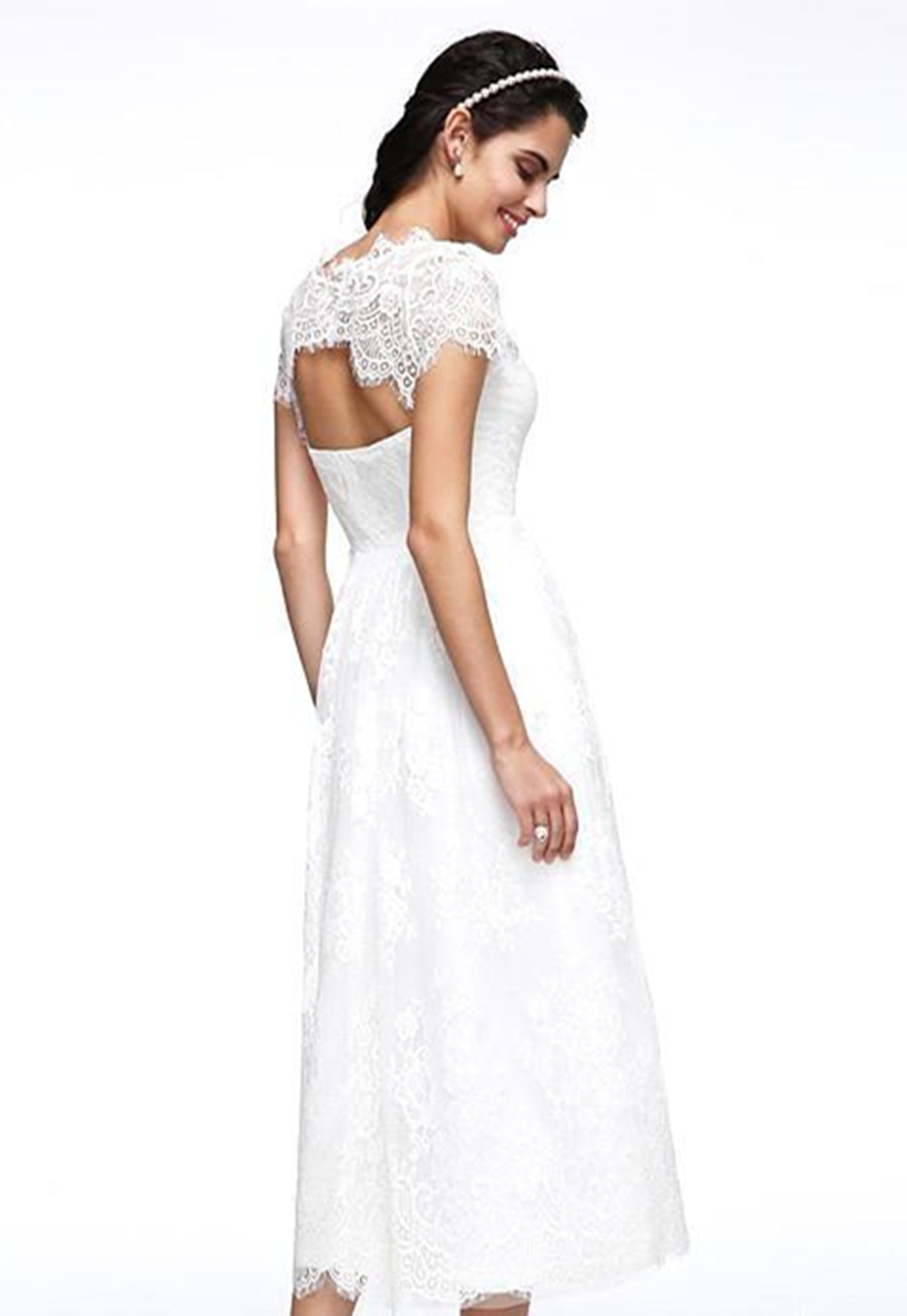 A-line Strapless Short Sleeves Tea-length 100D Chiffon Wedding Gown With Lace 4