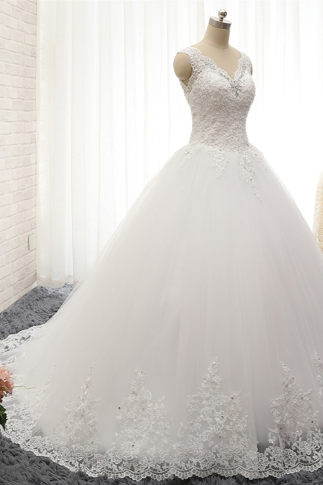 A-line Straps Sleeveless Court Train Tulle Bridal Dress With Appliques 3