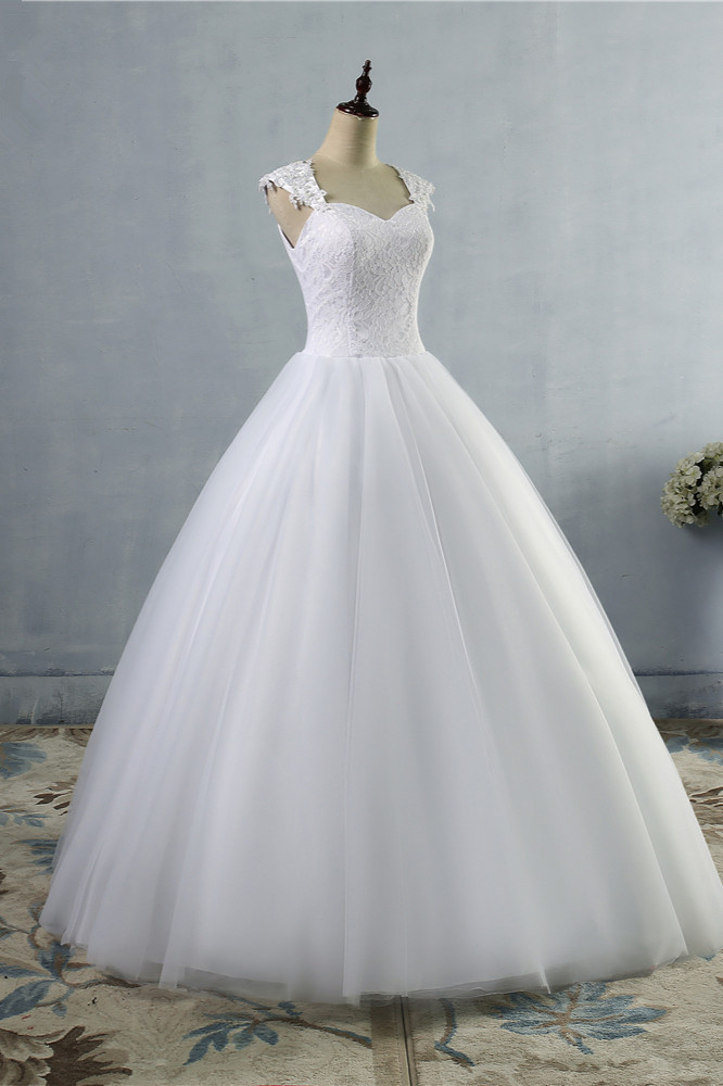 A-line Straps Sleeveless Floor-length Tulle Wedding Gown With Lace 3