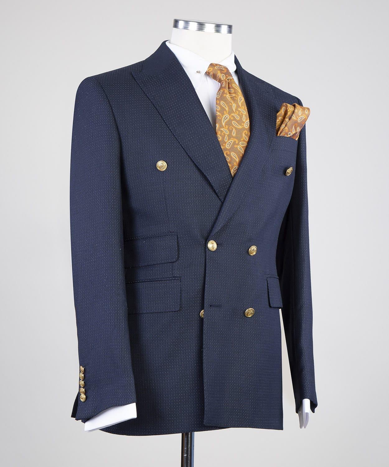 Navy Double Breasted Business Men Suit with Peaked Lapel 2