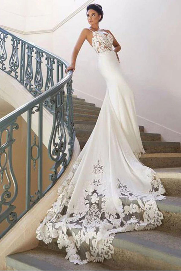 Mermaid Spaghetti Straps V-neck Sleeveless Court Train Tulle Wedding Gown With Lace 2