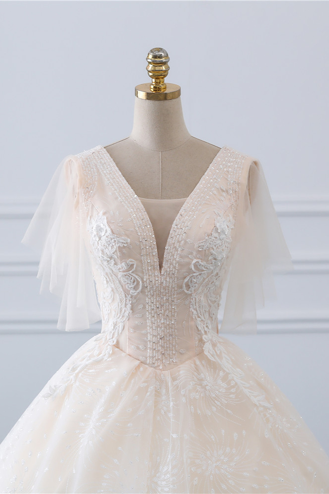 Ball Gown V-neck Short Sleeves Floor-length Tulle Bridal Dress With Appliques 4