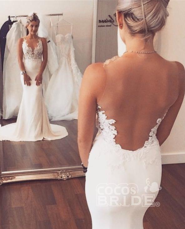 Mermaid V-neck Sleeveless Tulle Wedding Dress With Lace 2