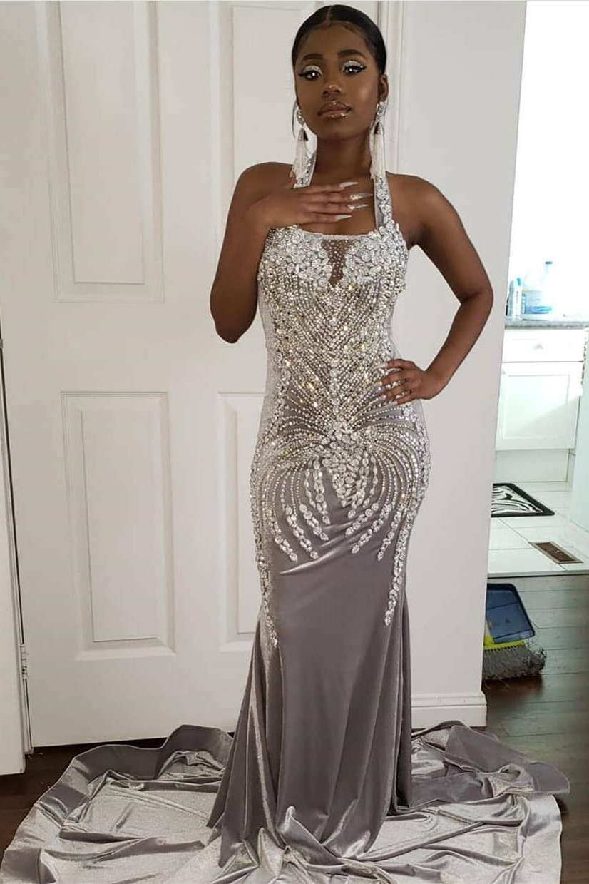 Mermaid Halter-neck Sleeveless Sweep / Brush Train Formal Dress With Crystal 2